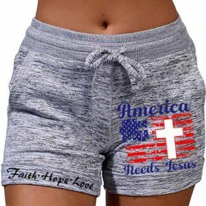 American Flag Faith Hope Love Drawstring Shorts